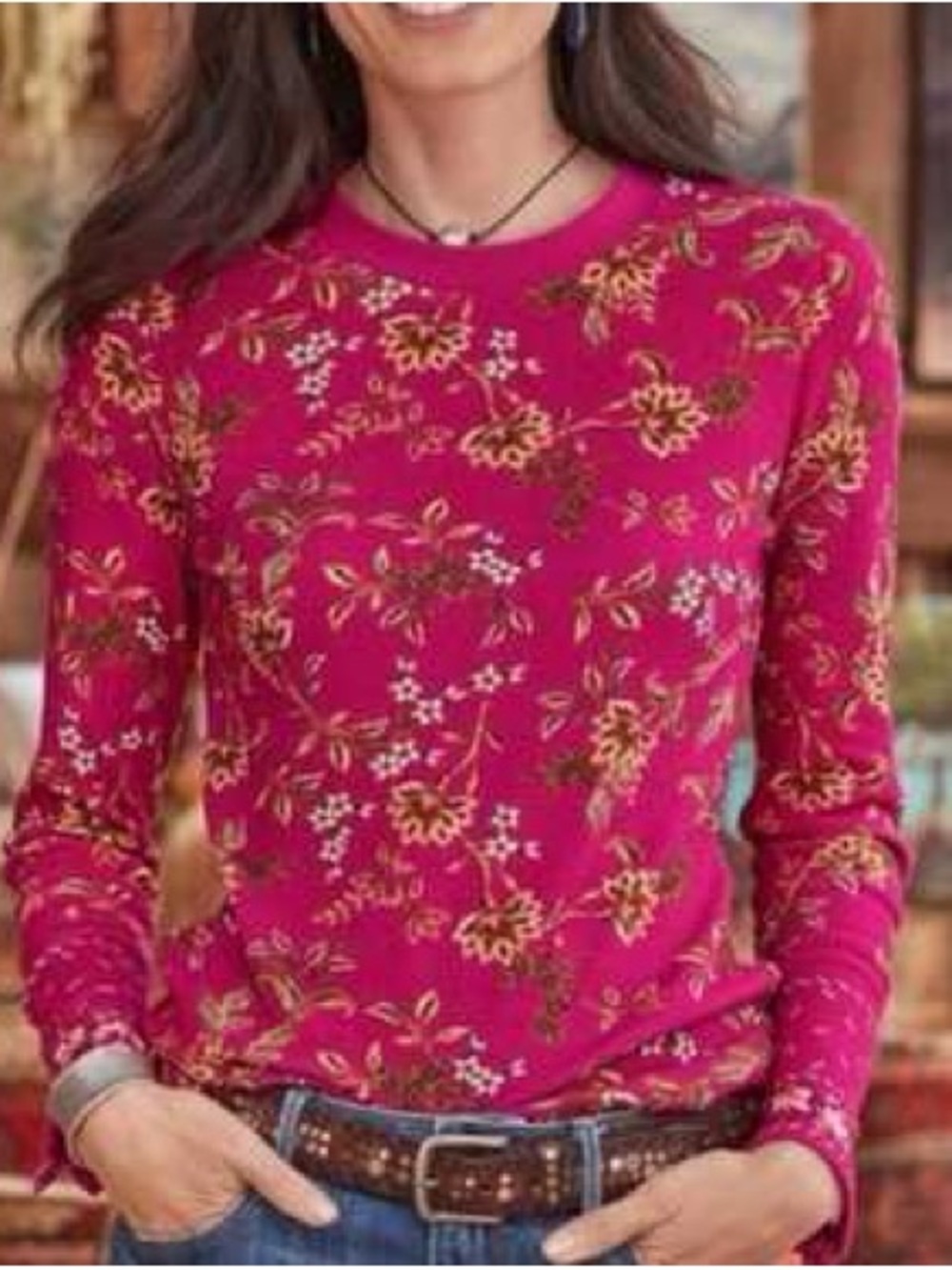 Sundance Magenta Floral Crewneck Long Sleeve Top
